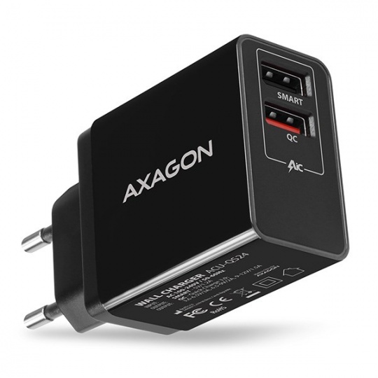 AXAGON ACU-QS24, QC & SMART nabíjačka do siete 24W, 2x port USB-A, QC3.0/AFC/FCP + 5V/1,2A