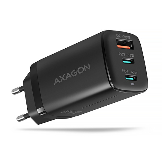 AXAGON ACU-DPQ65, GaN nabíječka do sítě 65W, 3x port (USB-A + dual USB-C), PD3.0/QC4+/PPS/Apple, černá