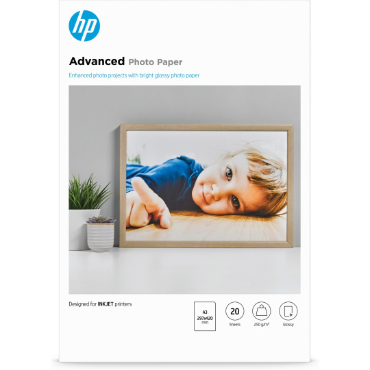 HP Advanced Glossy Photo Paper-20 sht/A3/297 x 420 mm,  10.5 mil,  250 g/m2, Q8697A